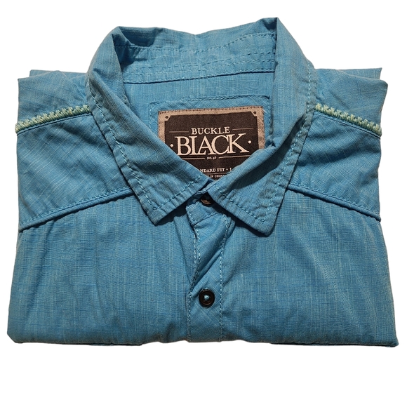 Buckle Black Mens Dungeon Shirt Large Cyan Blue Trim Western Pocket Button S/S - Picture 3 of 7